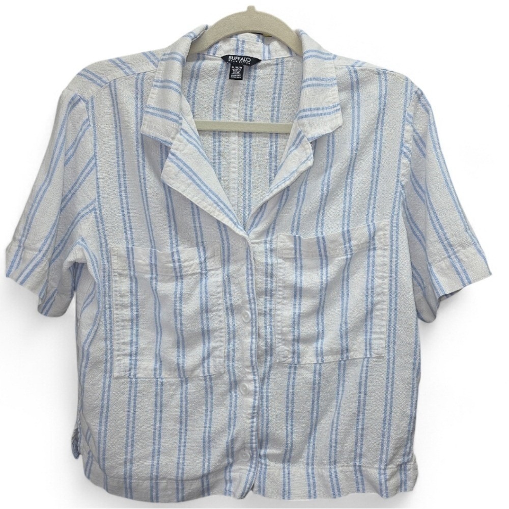 Buffalo David Bitton Sky Blue and White Striped Linen Blend Button Up Top Costal - Picture 1 of 7